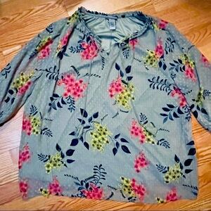 CATHERINE’S 3/4 Sleeve Lined Blouse Green with Floral Print Keyhole Tassel Tie